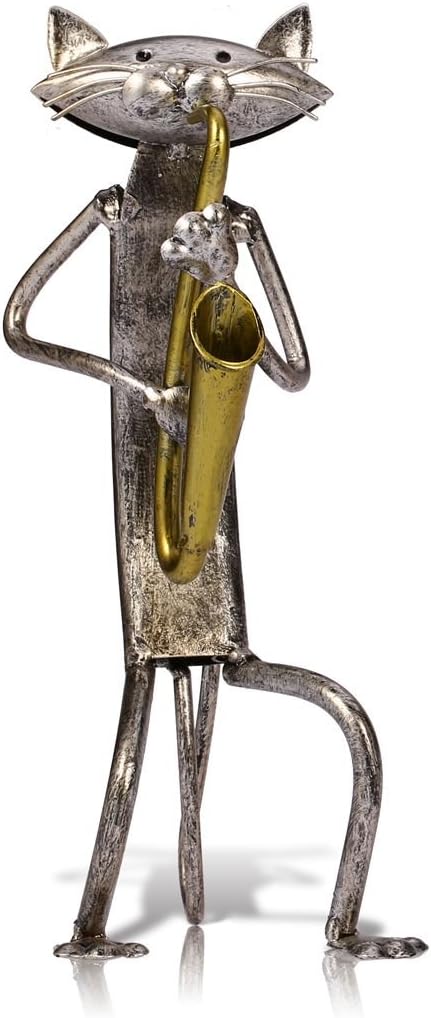 Too-arts A Playing Saxophone Cat Metal Sculpture Iron Statue Handwork Handicrafts, 3 Funny Design...