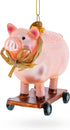 Playful Pig Riding a Skateboard Glass Christmas Ornament...