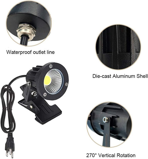 Outdoor 1pc 5W COB LED Clip on Light, IP65 Waterproof Adjustable Desk Stand COB Spotlights with Clip and US Plug for Flag Coffee Shop (Cool White)...