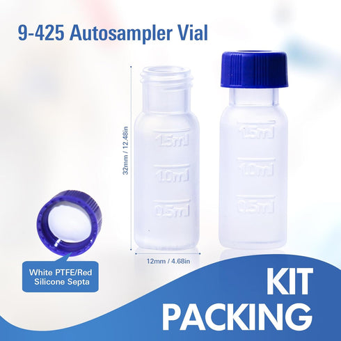2ML Polypropylene Vials, 9mm Short Thread Vial with Graduation, Blue Screw Cap with Hole, WhitePTFE&Red Silicone Septa, for Ion Chromatography, 10...