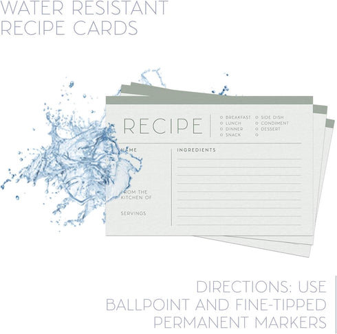 48 Water Resistant Recipe Cards, Simple & Modern, Double-Sided, Multi-Colors (Sage Green)...