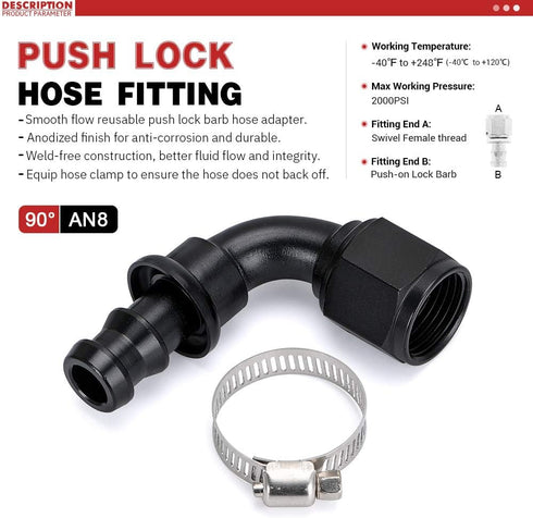 PTNHZ 8AN 90 Degree Female Swivel to Push Lock Barb Type Hose Fitting End For Rubber Fuel Line Oil Fuel Cooler Kits Reusable Hose Adaptor Anodized...