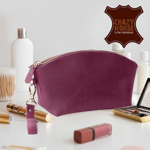 KAAL Crazy Horse, Clutch Makeup, Pure Leather Bag, Travel Cosmetic Bag for Women, Genuine Leather Toiletry Bag, Traveller's Kit Organizer Bag, Por...