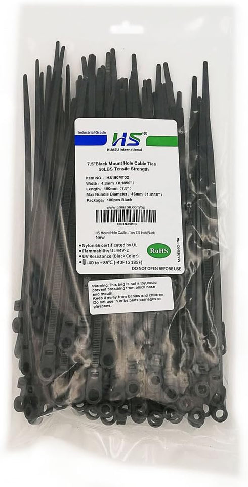 HS Plastic Ties with Screw Holes (100 Pack) 7.5 Inch Mount Head Electrical Zip Ties 50 LBS,UV Black...