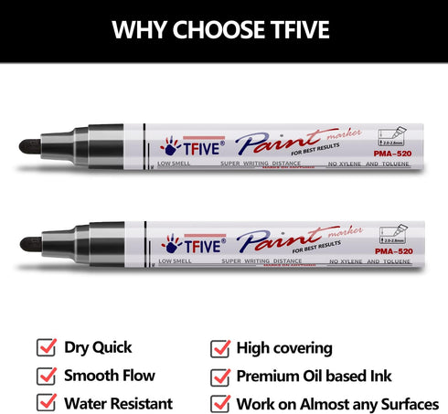 TFIVE Black Permanent Paint Marker Pens - 2 Count Oil Based Marker Pen, Medium Tip, Waterproof & Quick Dry, for Office, Art projects, Rock Paintin...