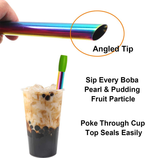 Reusable Boba Smoothie Straw Rainbow Metal Straws Wide Thick Fat Angled Tip Sharp End Straw for Milkshake Jumbo Bubble Tea Straws With Carry Case ...