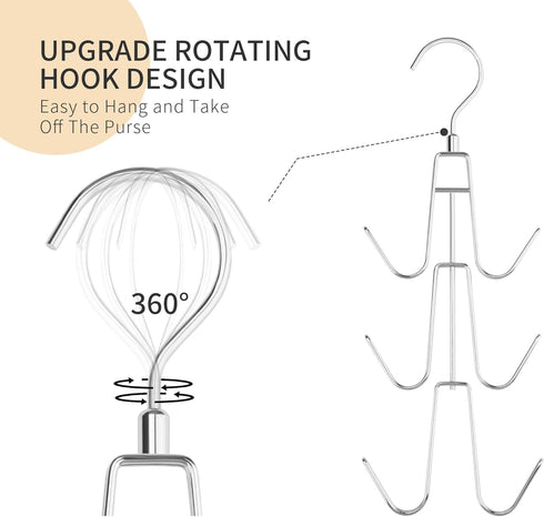 Purse Hanger for Closet, Rotatable Bag Organizer, 6 Storage Capacity Space Saving Handbag Holder, Closet Organizers and Storage Backpack Rack, Sil...