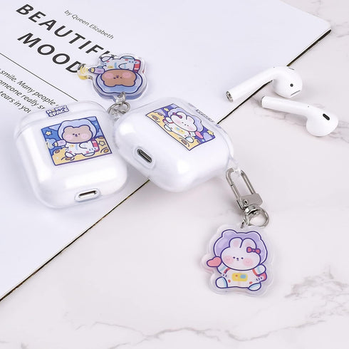 Fycyko Compatible with AirPods 2 Case Clear Cute Cartoon Rabbit Keychain Protective Cover Space Astronaut Purple Pattern Card Cover Credit Card ID...