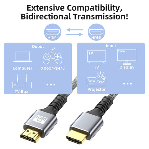 8k Hdmi Cable 6.6ft Ultra High Speed HDMI 2.1 Cable 8K@60HZ 4K@120HZ 48Gbps HDMI Cord for HDTV,PS4,PS5,Monitor Laptop,Xbox,HDCP 2.2&2.3 Support HD...