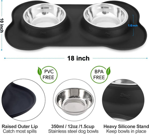 Pet Deluxe Dog Bowls Stainless Steel Dog Bowls with No Spill Skid Resistant Silicone Mat, 24oz 48oz Dog Food and Water Bowl Set Feeder Bowls for S...