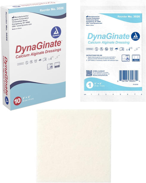 Dynarex DynaGinate Calcium Alginate Wound Dressing - Sterile, Non-Stick Topical Wound Pads - Absorbent Gel Patches for Moderate to High Exuding Cu...