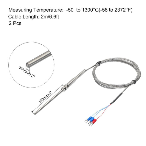 MECCANIXITY 2pcs PT100 RTD Thermocouple Stainless Steel M8 Temperature Sensor Probe -50 to 1300C 6.6ft 5x100mm...