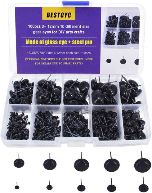 BESTCYC 1Box(100pcs) 3-12mm 10 Different Size Mini Black Glass Eyes Needle Felting Bears Dolls Toy Teddy Puppets Decoys Sewing Arts Crafts Eyes Ki...