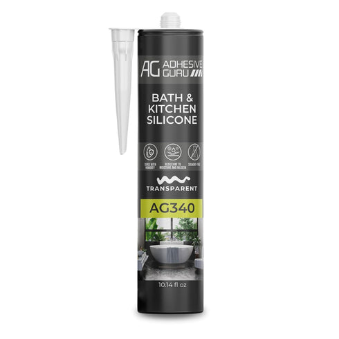 Adhesive Guru AG340 Clear Silicone Sealant (10.14 fl oz), 100% Silicone Caulk, Weatherproof & Flexible Adhesive Sealant for Bath and Kitchen, 1 Pa...