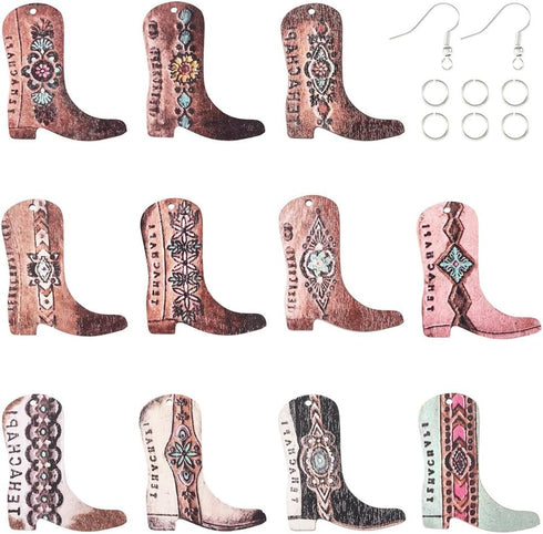 KISSITTY Wood Earring Making Kit 22Pcs Printed Cowboy Boot Wood Pendants Western Cowboy Boot Shape Wood Dangle Charms with 20Pcs Earring Hooks 20P...