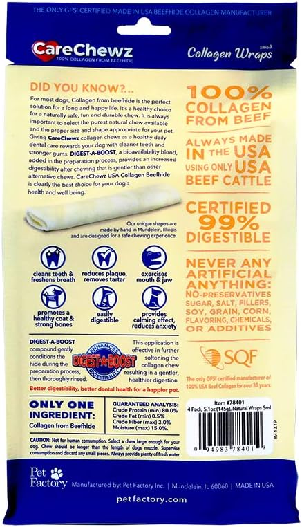 Pet Factory CareChewz Collagen 6-7" Small Wraps Dog Chew Treats - Natural Flavor, 4 Count/1 Pack...
