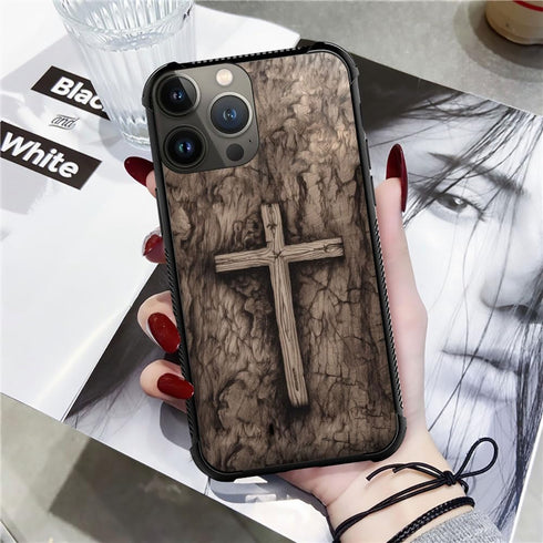 DJSOK Case Compatible with iPhone 15 Pro,Classic Wood Grain Devout Cross Case for iPhone 15 Pro Cases for Man Boys Girls Dual Layer Shockproof Rug...
