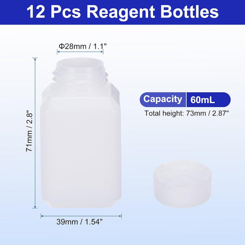 PATIKIL 12 Pcs 60ml Reagent Bottles, HDPE Wide Mouth Round Bottles with Screw Cap for Lab Water Reagent Liquids Solid Sample Storage Seal, White...