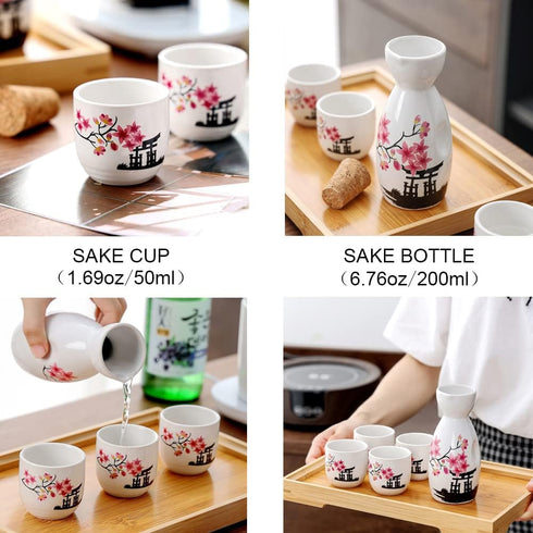 Old Craftsmen's 5 Pcs Japanese Sake Set 200ml Sake Bottle and 50ml Sake Cup Set Traditional Hand Painted Design Porcelain Pottery Ceramic Soju Cup...