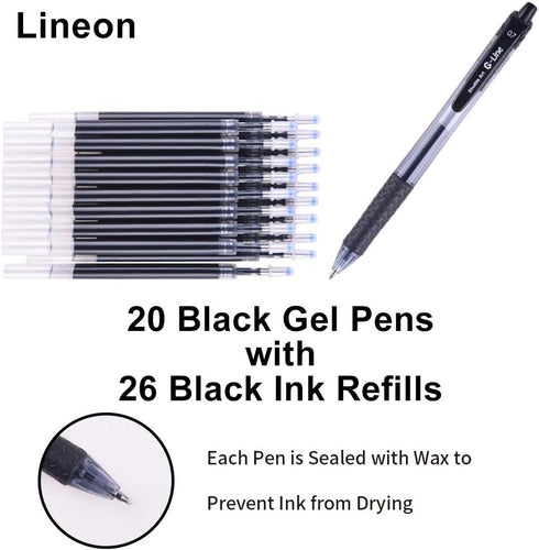 Black Gel Pens, 46 Pack(20 Gel Pens with 26 Refills) Lineon Retractable Medium Point Gel Pens Smooth Writing with Comfortable Grip for Office Scho...
