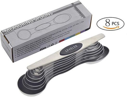 Stainless Steel Baking Tools, Magnetic Double-Headed Measuring Spoons, Seasoning Measuring Spoons With Scraper (8 PCS,Black?...