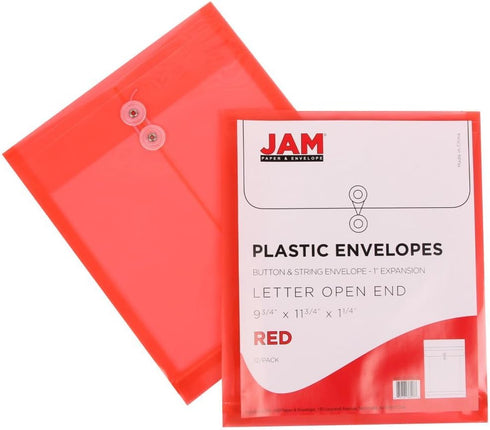 JAM PAPER Plastic Envelopes with Button & String Tie Closure - Letter Open End - 9 3/4 x 11 3/4 - Assorted Colors - 6/Pack...