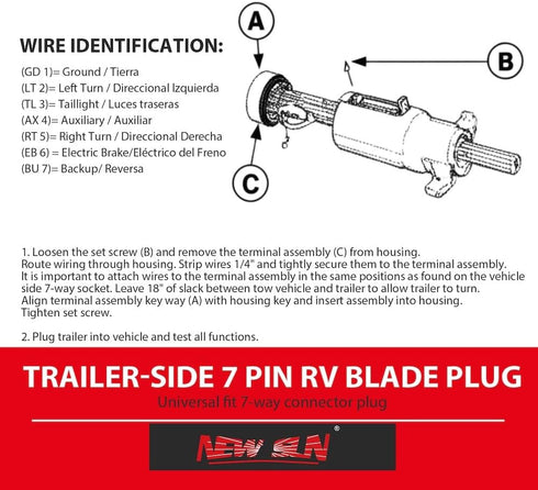 NEW SUN® Superior 7 Pin Trailer Plug, RV-Style 7 Way Flat Blade Connector Made by Cooper & Silver Color Plated, Heavy-Duty, Weatherproof & Anti-Ru...