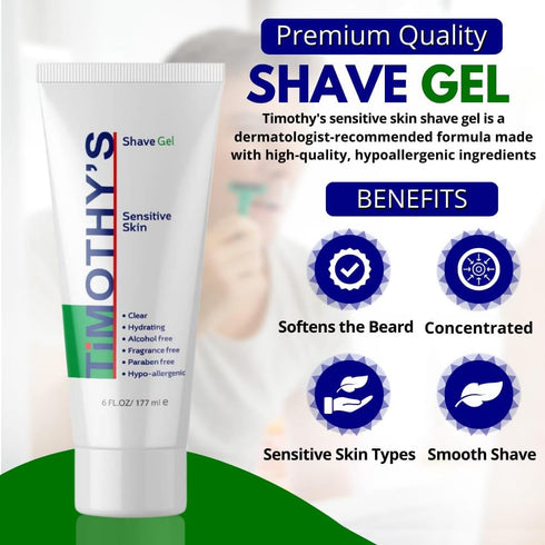 Timothy's Unscented Shave Gel 3 oz. travel size, Alcohol Free, Paraben Free, Fragrance Free, Clear and transparent visability, SLS Free, Sensitive...