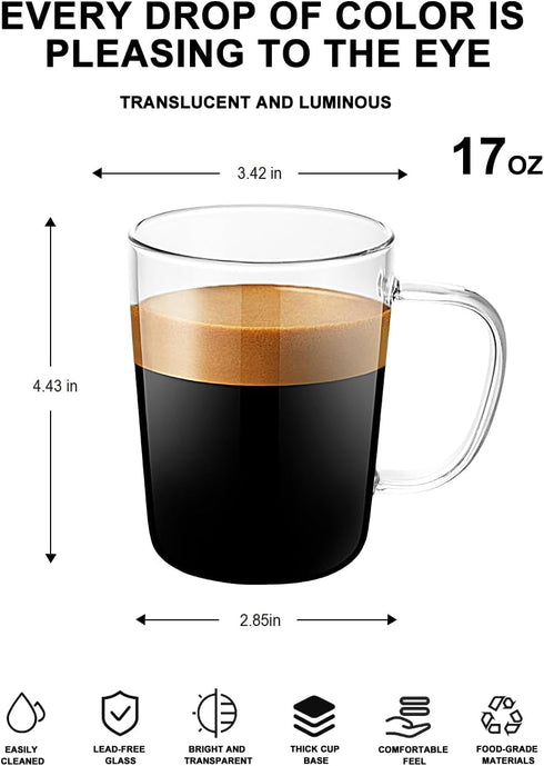 LUXU Glass Coffee Mugs(Set of 4)-17 oz,Clear Beer Mugs,Glass Tea Cups with Comfortable Handle,Lead-free Drinking Glasses,Perfect for Latte,Espress...
