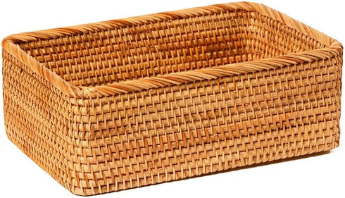 Handmade Rectangle Wicker Fruit Box Rattan Tray Magazine Organizer and Small Objects Container Serving Basket (Medium)...