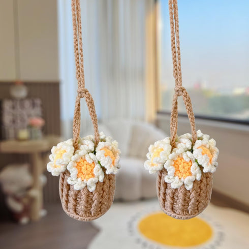 Car Hanging Ornament Cute Crochet Plant Rear view Mirror Pendant Decoration Handmade Knitted Mirror Hanging Car Interior Accessories Gardening Han...