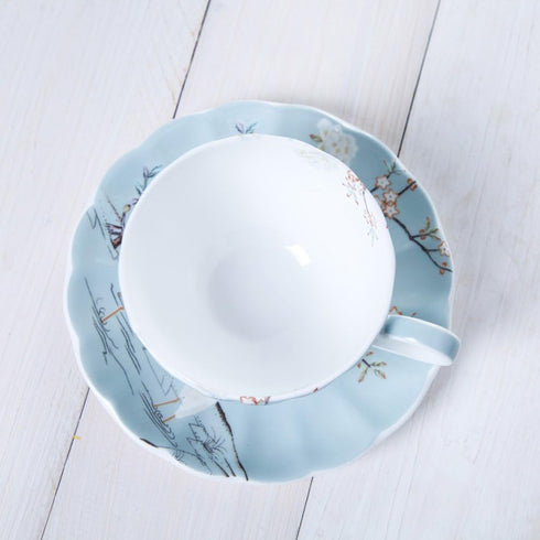 8oz Blue Fine Bone China Coffee Cup with Saucer,Colored Flowers,White Crane Porcelain Tea Cup and Saucer...