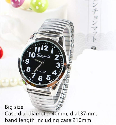 Classic Men’s Easy Reader Big Dial Number Sliver Stainless Steel Expansion Strap Bracelet Elastic Wristwatches (Dial 40 Black)...