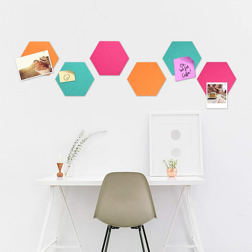 Navaris Hexagon Felt Board Tiles - Set of 6 Notice Memo Bulletin Boards with Push Pins Pack 5.9 x 7 inches (15 x 17.7 cm) - Turquoise, Orange, Pin...