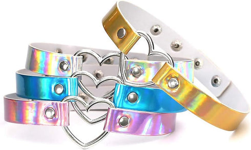3PCS Heart Choker Necklace PU Leather Goth Choker Collar with Heart Punk Fluorescence Collar Adjustable Size – Blue White Pink...