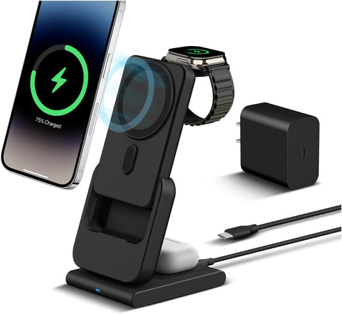 DDUAN 3 in 1 Wireless Charging Station, Foldable Fast Charger Stand with 5000mAh Mag-Safe Portable Battery Bank for iPhone 15/14/13/12, for All Ap...