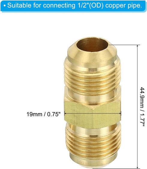 PATIKIL 1/2" OD Brass Flare Union Connector, 2 Set Air Conditioning Copper Double Pipe Extension Joint Connectors Pipe Hose Fitting with Nut, 1.77...