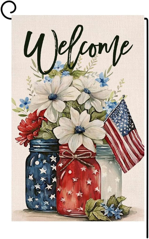 4th of July Floral Garden Flag 12x18 Vertical Double Sided Patriotic Mason Jar Flowers Red Blue Memorial Day Independence Day Holiday Outside Deco...