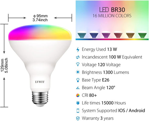 LVWIT Smart LED Bulbs, BR30 Wi-Fi Smart Light Bulb, E26 100W Replacement, Work with Alexa, Google Assistant, Tuya App, Dimmable 1300 Lumens RGB Co...