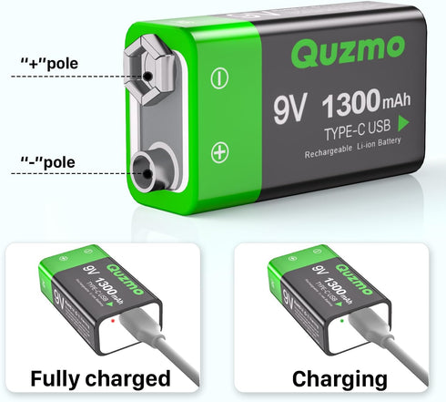 2-Pack Rechargeable 9 Volt Lithium-ion Batteries, 1300mAh Long Lasting Power, USB-C Recharge with 2 in 1 Charging Cable for Smoke Alarms,Multimete...