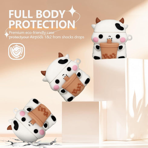 Cute Boba Tea Cow Airpods Case with Cleaner kit,3D Cartoon Funny Kawaii Fashion with Keychain for Girls Boys Kids for Airpod Case 2nd&1st Generati...
