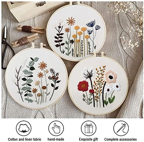 Embroidery Kit for Beginners 3 Pack, DIY Craft Embroidery Kit with Embroidery Thread Imitation Bamboo Embroidery Hoop Embroidery Needles, Floral P...