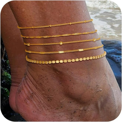 Anklets for Women, 14K Gold Plated Waterproof Anklet Set Layer Beach Beaded Rope Cuban Ankle Bracelets Fashion Summer Foot Jewelry Gift for Women ...