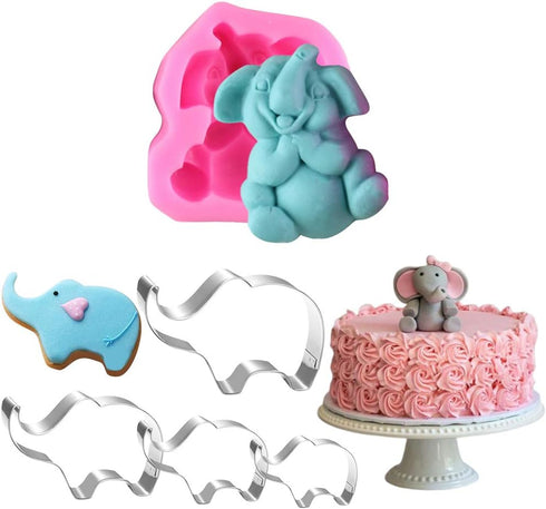 6Pcs/Set Elephant Silicone Molds & Stainless Steel Cookie Cutters for Baby Shower, Elephant Fondant Gum Paste Cake Topper Decoration Tools Boy Gir...