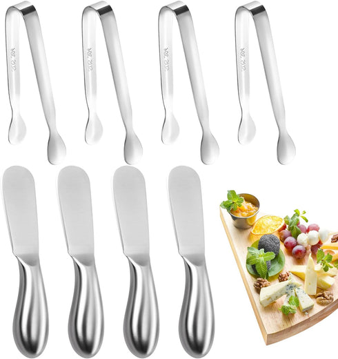Butter Spreader Knife Set 8 PCS Stainless Steel Cheese Butter Spreader Knives and Mini Serving Tongs for Cheese Cold Butter Jam Appetizers Pastry ...