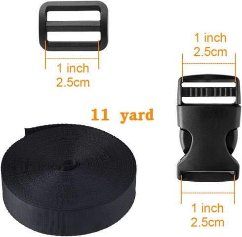 Coopay 1 Inch Plastic Buckles Kit Include 11 Yards Black Nylon Webbing Strap, 10 Pack Quick Side Release Black Buckles and 10 Pack Tri-glide Slide...