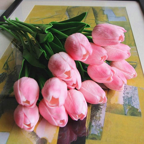 Artificial PU Tulips 10Pcs Real Touch Fake Flower Arrangement Bouquets for Home Office Wedding Decoration (Pink)...