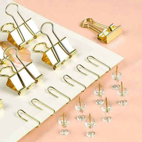 Gold Paper Clips and Binder Clips Set, Metal Assorted Sized Binders with Push Pins, Cute Gold Office Supplies for Desk, Desk Accessories...