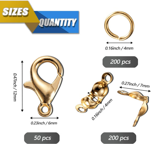 450pcs Jewelry Making Accessories Set Includes 200pcs Open Jump Ring Connectors 200pcs Bead Tips Knot Covers and 50pcs Lobster Claw Clasps for Bra...