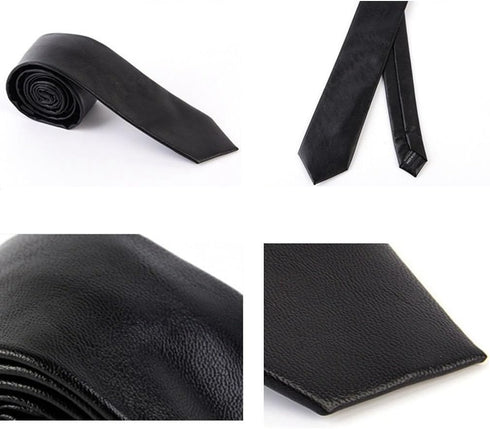 Men's Skinny Tie Handmade PU Leather Black Narrow Necktie...